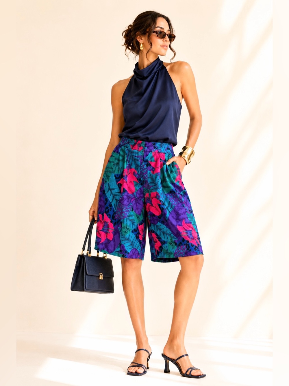 Vintage 80s 90s Tropical Satin Bermuda Shorts Jewel Tone Jungle Print Size S